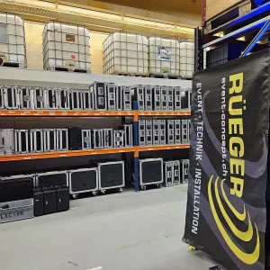 Rüeger e-Concept Eventtechnik Lager mit Ausrüstung für Events in Koffern